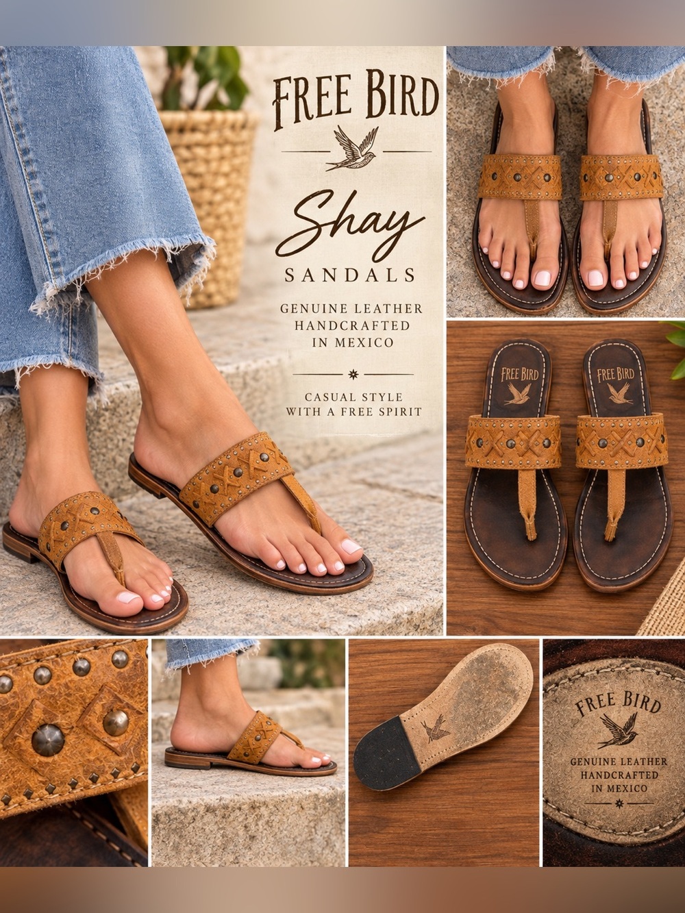 freebird Tan Embroidered Leather Thong Sandals with Studs